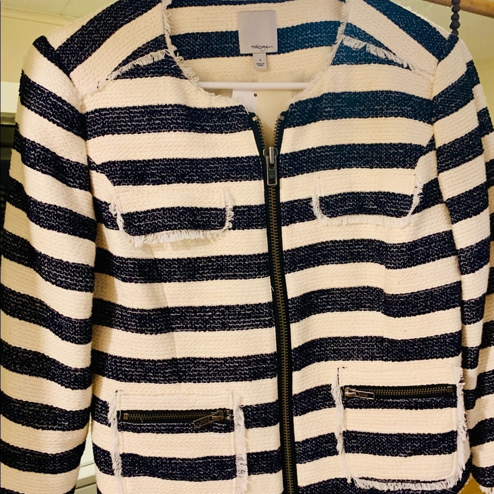 HALOGEN Navy Blue & White Striped Blazer Jacket